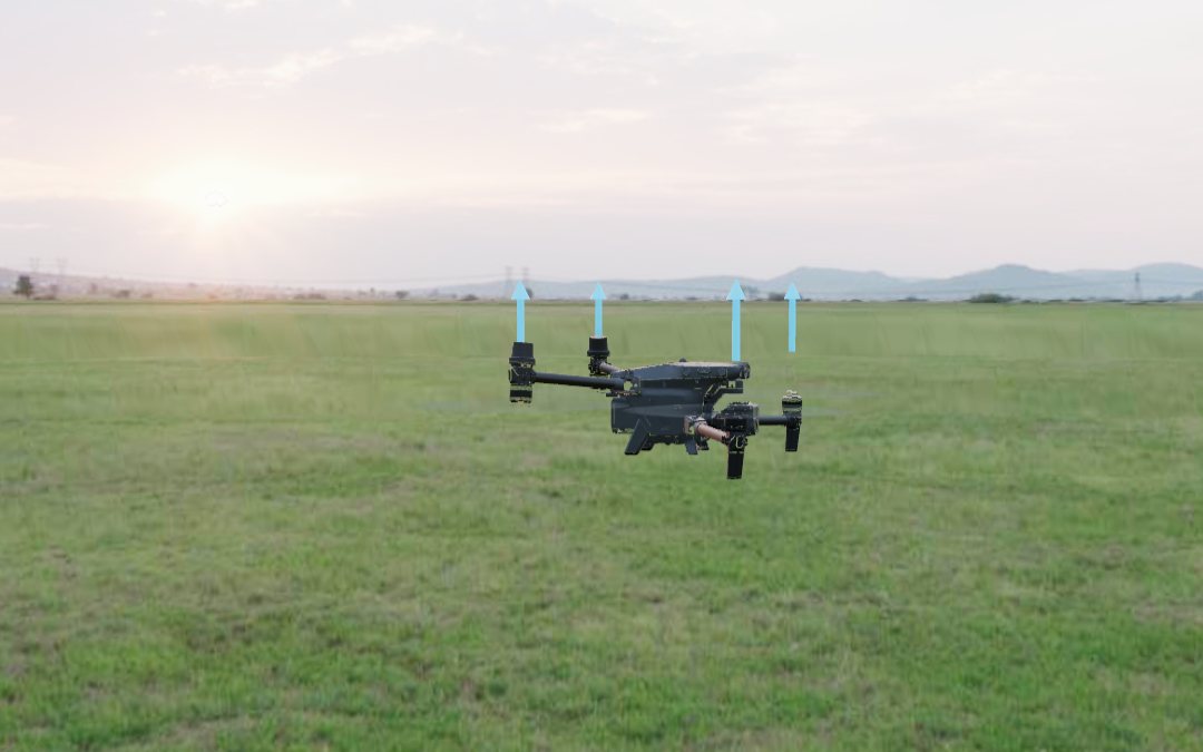 A Matrice 30T over an open field at sunset.