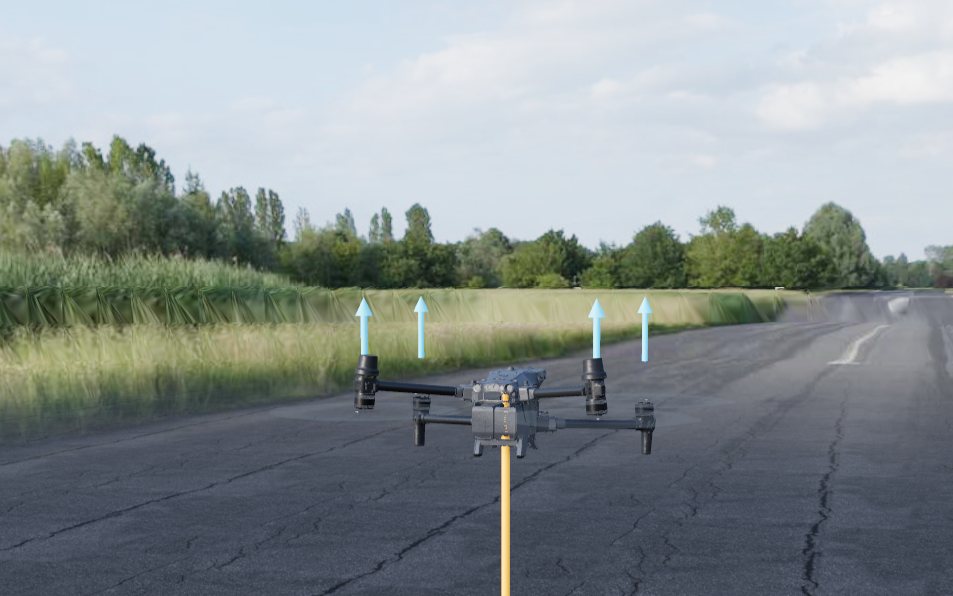A Matrice 30T hovering over the runway where the missions are flown.