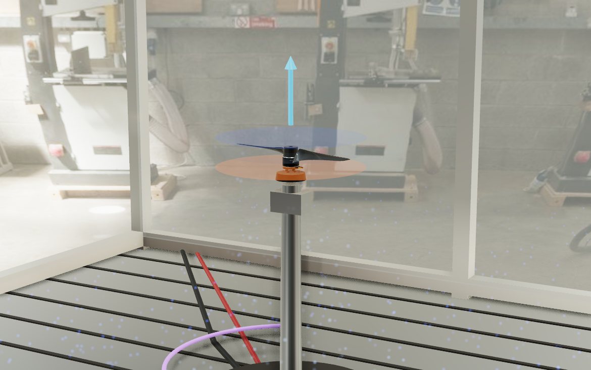 A propeller on the thrust stand, on its bench in an engineering workshop.